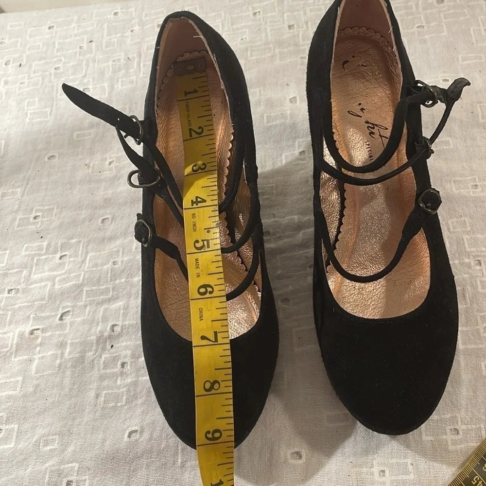 Miss Albright by Anthropology Niza Black Wedge Mary Jane 3 Strap Shoes